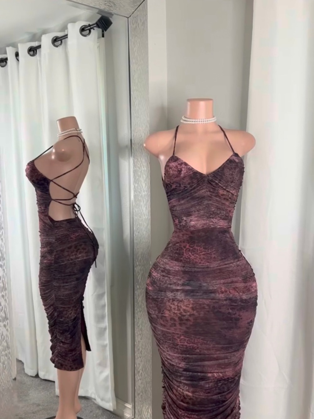 Women's Ruched Leopard Print Halter Bodycon Dress - Brown